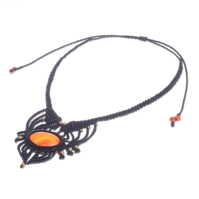 Agate macrame pendant necklace, 'Boho Sunrise' - Handmade Agate Macrame Pendant Necklace
