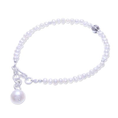 Cultured freshwater pearl beaded pendant bracelet, 'Bright Lights in White' - Cultured Freshwater Pearl Pendant Bracelet from Thailand