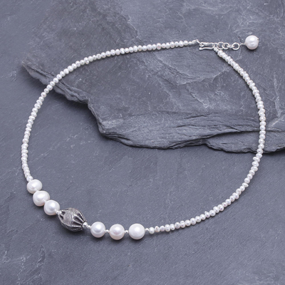 Cultured freshwater pearl beaded pendant necklace, 'City Lights in White' - Cultured Freshwater Pearl Pendant Necklace from Thailand