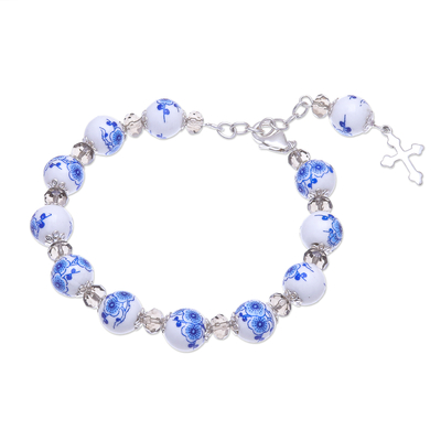 Ceramic and smoky quartz beaded charm bracelet, 'Pure Azure' - Ceramic and Smoky Quartz Beaded Floral Charm Bracelet