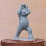 Celadon ceramic figurine, 'Elephant Warrior Pose' - Hand Made Celadon Ceramic Elephant Yoga-Themed Figurine