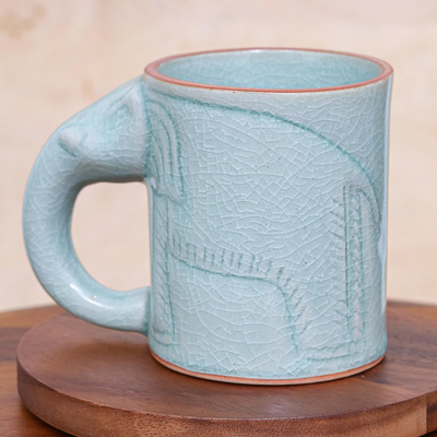 Celadon ceramic mug, 'Calming Cup' - Hand Crafted Celadon Ceramic Elephant Mug