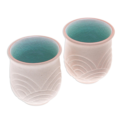 Celadon ceramic cups, 'Gentle Waves' (pair) - Hand Made Celadon Ceramic Cups from Thailand (Pair)