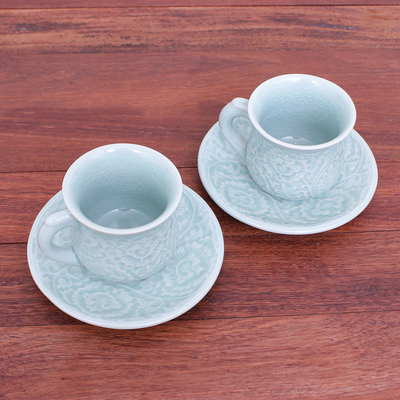 Celadon ceramic cup and saucer set, 'Tea Flowers' (pair) - Celadon Ceramic Cup and Saucer Set from Thailand (Pair)