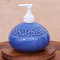Hand Crafted Celadon Ceramic Floral Soap Dispenser,'Fragrant Bath'
