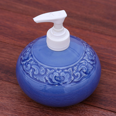 Celadon ceramic soap dispenser, 'Fragrant Bath' - Hand Crafted Celadon Ceramic Floral Soap Dispenser