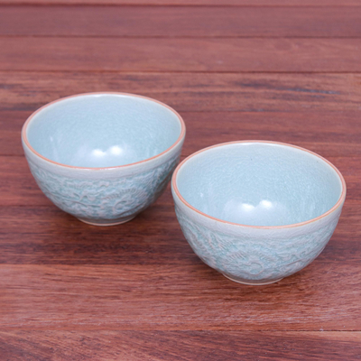 Celadon ceramic bowls, 'Antique Flora' (pair) - Hand Made Celadon Ceramic Floral Bowls (Pair)