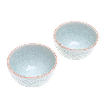 Celadon ceramic bowls, 'Antique Flora' (pair) - Hand Made Celadon Ceramic Floral Bowls (Pair)
