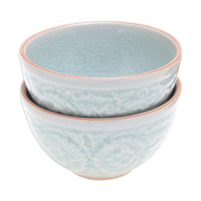 Cuencos de cerámica Celadon, (par) - Cuencos florales de cerámica celadón hechos a mano (par)
