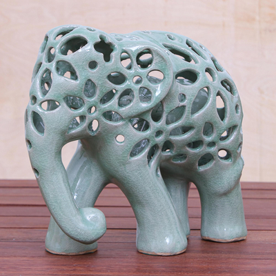 Celadon ceramic sculpture, 'Flowering Elephant' - Hand Crafted Celadon Ceramic Elephant Sculpture