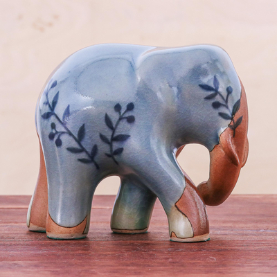 Celadon ceramic sculpture, 'Walkabout' - Hand Painted Celadon Ceramic Elephant Sculpture
