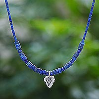 Lapis lazuli pendant necklace, 'Lapis Leaf' - Hand Made Lapis Lazuli and Silver Pendant Necklace