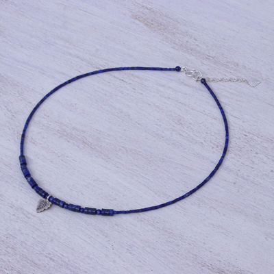 Lapis lazuli pendant necklace, 'Lapis Leaf' - Hand Made Lapis Lazuli and Silver Pendant Necklace