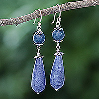 Agate dangle earrings, 'Midnight Rain' - Hand Threaded Blue Agate Dangle Earrings from Thailand