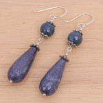 Agate dangle earrings, 'Midnight Rain' - Hand Threaded Blue Agate Dangle Earrings from Thailand