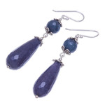 Agate dangle earrings, 'Midnight Rain' - Hand Threaded Blue Agate Dangle Earrings from Thailand