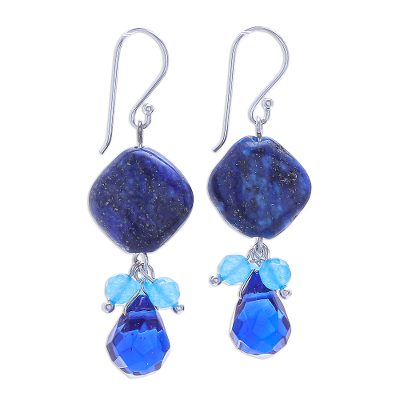Quartz and lapis lazuli dangle earrings, 'Blueberry Candy' - Handmade Quartz and Lapis Lazuli Dangle Earrings