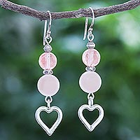 Chalcedony dangle earrings, 'Candy Heart' - Hand Crafted Chalcedony and Silver Heart Dangle Earrings