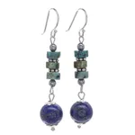Lapis lazuli and hematite dangle earrings, 'Earth Orbit' - Handmade Lapis Lazuli and Hematite Dangle Earrings