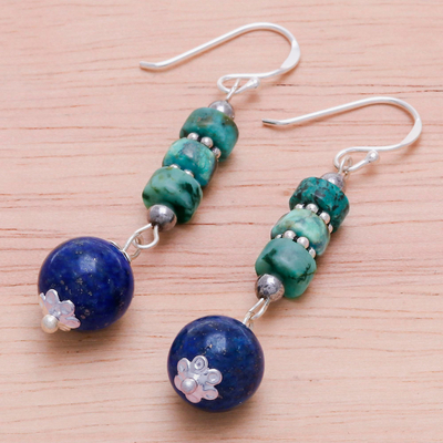 Lapis lazuli and hematite dangle earrings, 'Earth Orbit' - Handmade Lapis Lazuli and Hematite Dangle Earrings