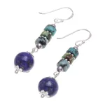 Lapis lazuli and hematite dangle earrings, 'Earth Orbit' - Handmade Lapis Lazuli and Hematite Dangle Earrings