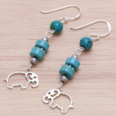 Serpentine and hematite dangle earrings, 'Elephant Dream' - Serpentine and Hematite Elephant Dangle Earrings