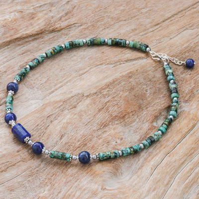 Lapis lazuli and hematite pendant necklace, 'Earth Orbit' - Handmade Lapis Lazuli and Hematite Pendant Necklace