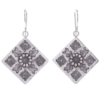 Silver dangle earrings, 'Diamond Sea' - Handmade Karen Silver Floral Dangle Earrings