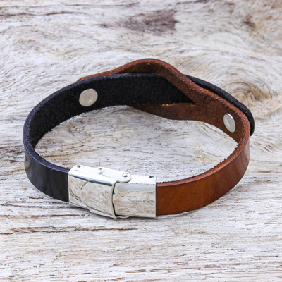 Leather wristband bracelet, 'Unwavering in Brown' - Handmade Leather and Stainless Steel Wristband Bracelet