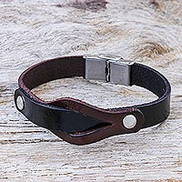 Leather wristband bracelet, 'Unwavering in Dark Brown'