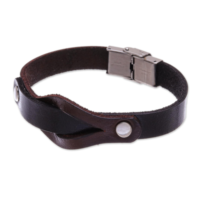Leather wristband bracelet, 'Unwavering in Dark Brown' - Hand Made Leather and Stainless Steel Wristband Bracelet