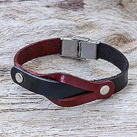 Leather wristband bracelet, 'Unwavering in Red'
