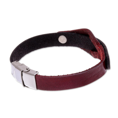 Leather wristband bracelet, 'Unwavering in Red' - Leather and Stainless Steel Wristband Bracelet from Thailand
