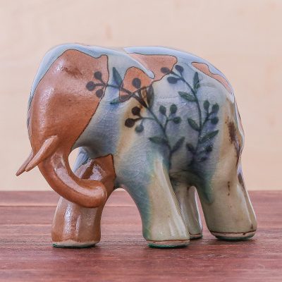 Celadon ceramic sculpture, 'Jungle Leaves' - Hand Crafted Celadon Ceramic Elephant Sculpture