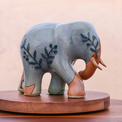 Celadon ceramic sculpture, 'Jungle Leaves' - Hand Crafted Celadon Ceramic Elephant Sculpture
