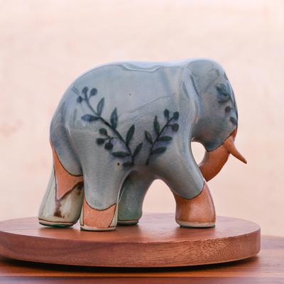Celadon ceramic sculpture, 'Jungle Leaves' - Hand Crafted Celadon Ceramic Elephant Sculpture