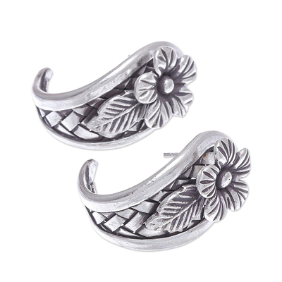 Sterling silver drop earrings, 'Woven Flowers' - Hand Made Sterling Silver Floral Drop Earrings