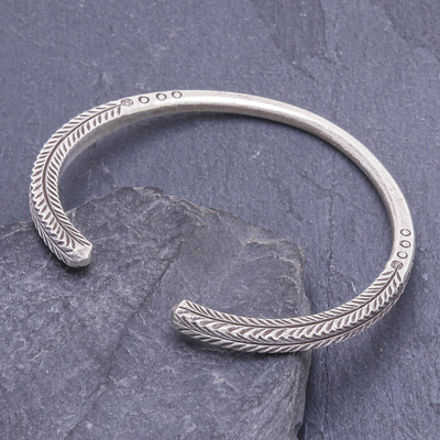 Sterling silver cuff bracelet, 'Leaf Life' - Hand Made Sterling Silver Leaf-Themed Cuff Bracelet