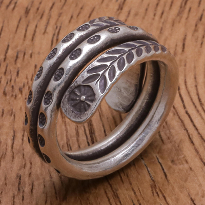 Sterling silver band ring, 'Coiling Leaves' - Hand Made Sterling Silver Leaf and Floral Band Ring