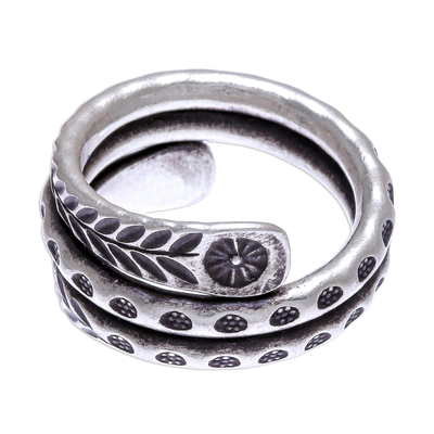 Sterling silver band ring, 'Coiling Leaves' - Hand Made Sterling Silver Leaf and Floral Band Ring