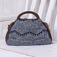 Leather-accented cotton hmong batik handbag, Modern Hmong