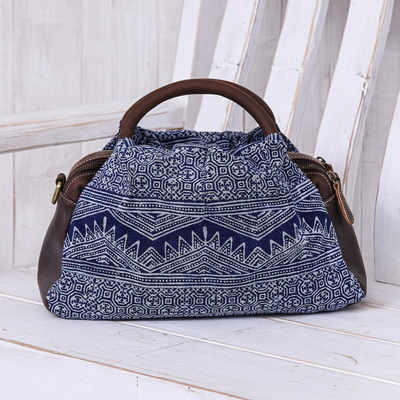 Leather-accented cotton hmong batik handbag, 'Modern Hmong' - Block-Printed Leather and Cotton Batik Handbag