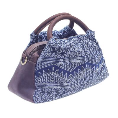 Leather-accented cotton hmong batik handbag, 'Modern Hmong' - Block-Printed Leather and Cotton Batik Handbag
