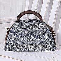 Leather-accented cotton batik handbag, 'Hmong Life' - Leather-accented Cotton Batik Handbag from Thailand
