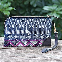 Cotton batik wristlet, 'Neat and Tidy' - Hmong Geometric Block Print Cotton Wristlet Bag