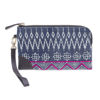 Cotton batik wristlet, 'Neat and Tidy' - Hmong Geometric Block Print Cotton Wristlet Bag