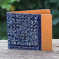 Cotton and leather batik wallet, 'Sandy Shores in Tan' - Handmade Cotton and Leather Batik Wallet from Thailand