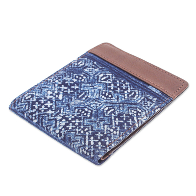 Cotton and leather batik wallet, 'Sandy Shores in Brown' - Hand Crafted Navy Cotton and Leather Batik Wallet