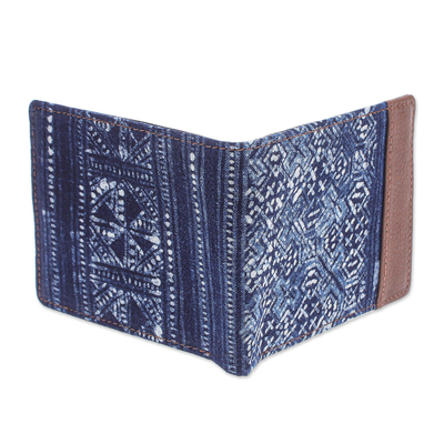 Batik-Geldbörse aus Baumwolle und Leder - Handgefertigte Batik-Geldbörse aus marineblauer Baumwolle und Leder
