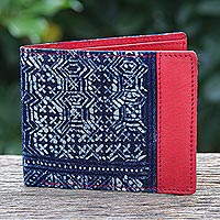 Cotton batik and leather wallet, 'Sandy Shores in Red' - Artisan Crafted Leather and Cotton Batik Wallet